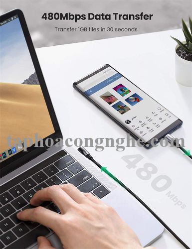 Ugreen 50122 0.5M 60W bẻ góc 90 độ hỗ trợ sạc nhanh PD cáp USB type C màu đen mạ nickel đầu bọc nhôm US255 30050122